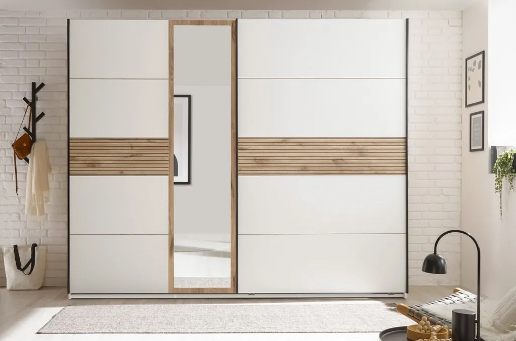 Šatníková skriňa so zrkadlom Daria, 270 cm, dub/biela