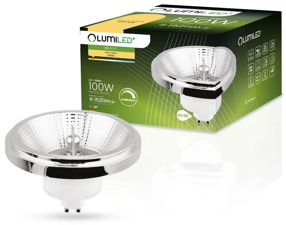 LED žiarovka GU10 ES111 15W = 100W 1521lm 3000K Warm 38° Silver Dimmable LUMILED