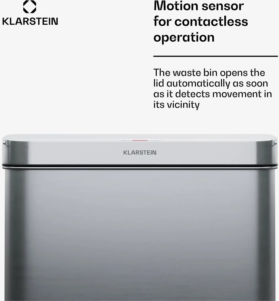 Klarstein Touchless, senzorový odpadkový kôš, 60 l, z nehrdzavejúcej ocele, Soft-Close zatváranie, napájaný batériou, LED displej, časovač