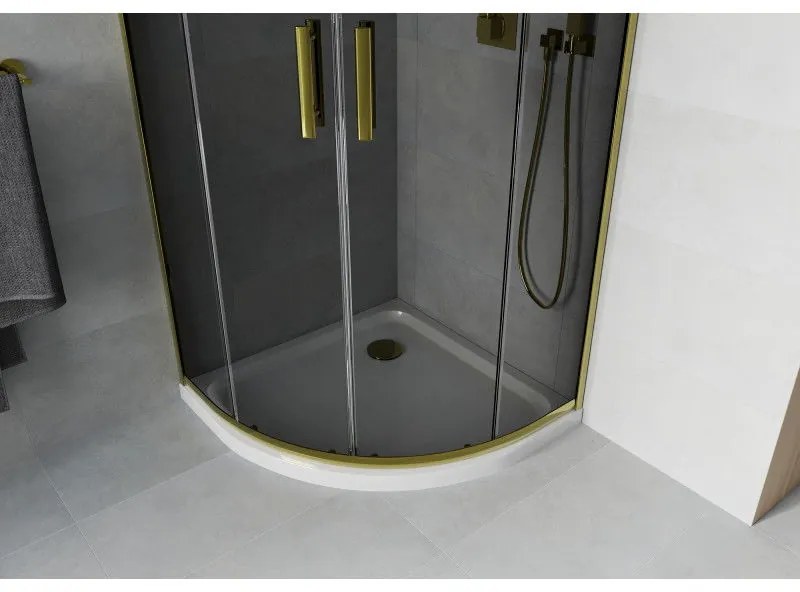 Mexen Rio, štvrťkruhový sprchovací kút s posuvnými dverami 80(dvere) x 80(dvere) x 190 cm, 6mm šedé sklo, zlatý profil + biela sprchová vanička SLIM, 863-080-080-50-40-4110G