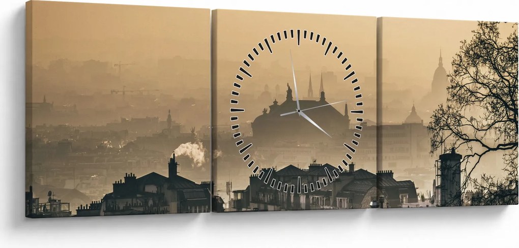 Obraz - Mesto pod hmlou (s hodinami) (90x30 cm)