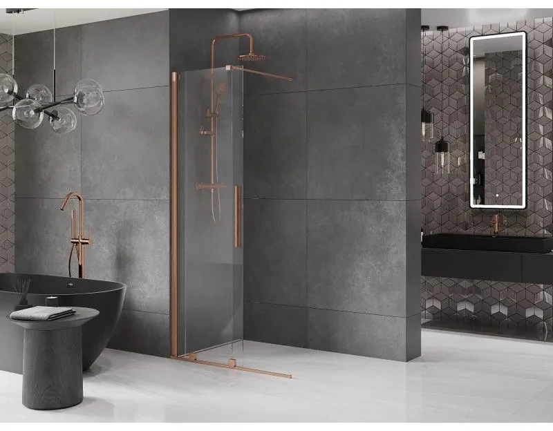 Mexen Velar, posuvné dvere do otvoru typ Walk-In 85 cm, 8mm číre sklo, medená matná, 871-085-000-03-65