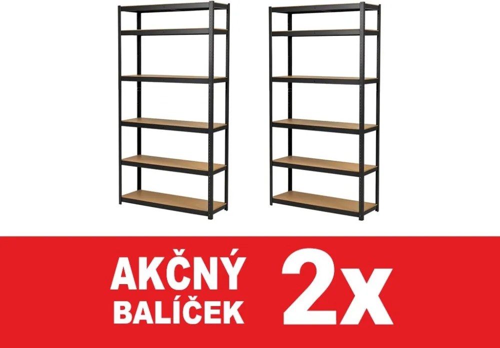 Akcia 2x Regál 220x90x60 cm lakovaný 6-policový, nosnosť 1050 kg - čierny - 2ks