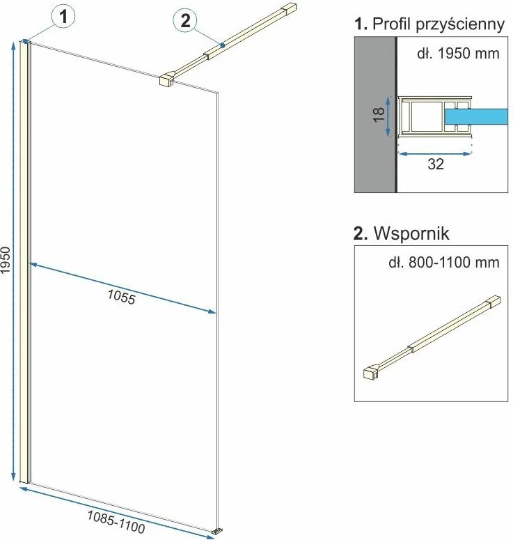 Rea Aero Ombre, sprchová zástena Walk-In 110x195 cm, 8mm číre sklo s bielym vzorom, zlatý matný profil, REA-K2465