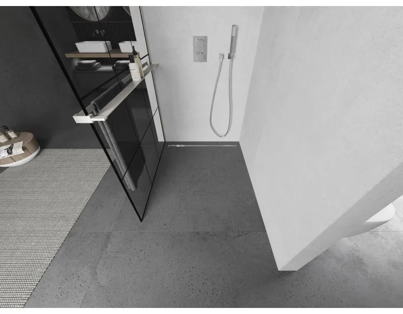Mexen Kioto+ L, sprchová zástena Walk-In s poličkou a vešiakom 110 x 200 cm, 8mm číre sklo čierny vzor, brúsená oceľ profil, 800-110-123-97-77