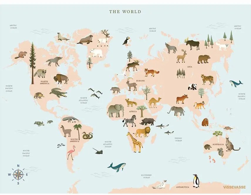 Vissevasse Plagát World Map Animal 50x70 cm