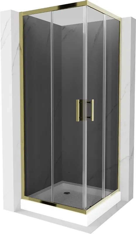 Mexen Rio, štvorcový sprchovací kút s posuvnými dverami 70(dvere) x 70(dvere) x 190 cm, 6mm šedé sklo, zlatý profil + biela sprchová vanička RIO, 860-070-070-50-40-4510