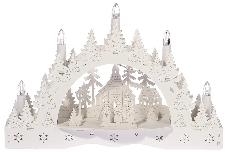 Vianočný LED svietnik Zimná krajina, koledníci pred kostolom, 35 x 23 x 7,5 cm