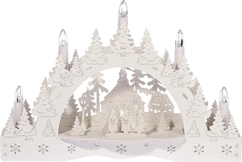 Vianočný LED svietnik Zimná krajina, koledníci pred kostolom, 35 x 23 x 7,5 cm