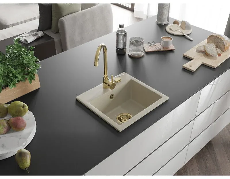 Mexen Milo, 1-komorový granitový drez 435x410x171 mm a zlatá batéria Telma, béžová, 6505-69-670200-50