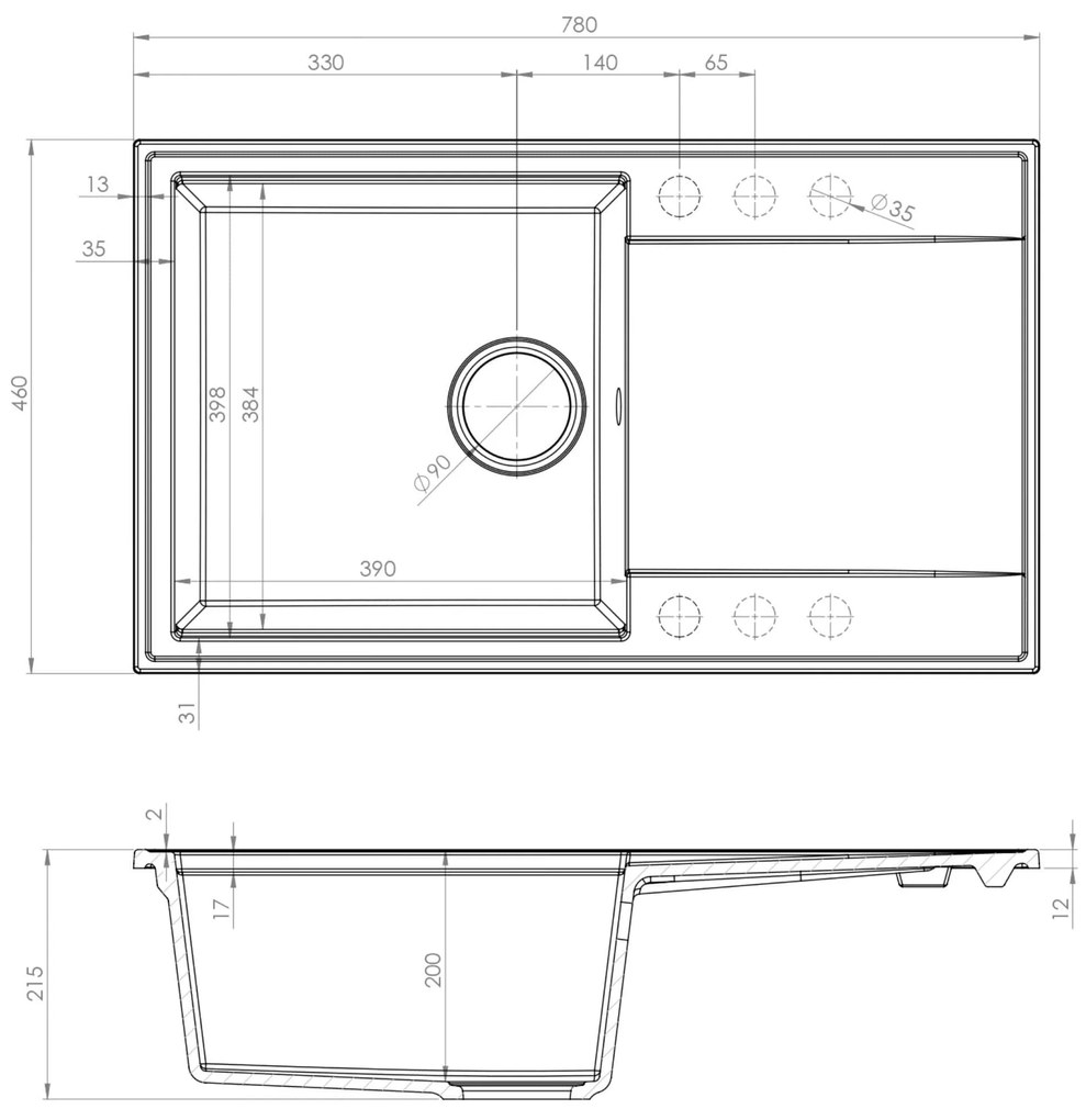 Sink Quality Sink55, kuchynský granitový drez 780x460x215 mm + zlatý sifón, čierna so zlatými bodmi, SKQ-SINK.L.1KDOL.XG