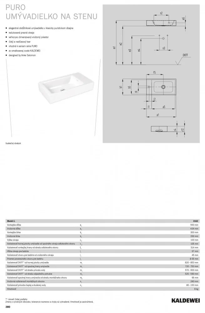 Kaldewei Puro - Umývadielko na stenu 550x300 mm bez prepadu, 1 otvor pre batériu na pravej strane, Perl-Effekt, alpská biela 901206303001