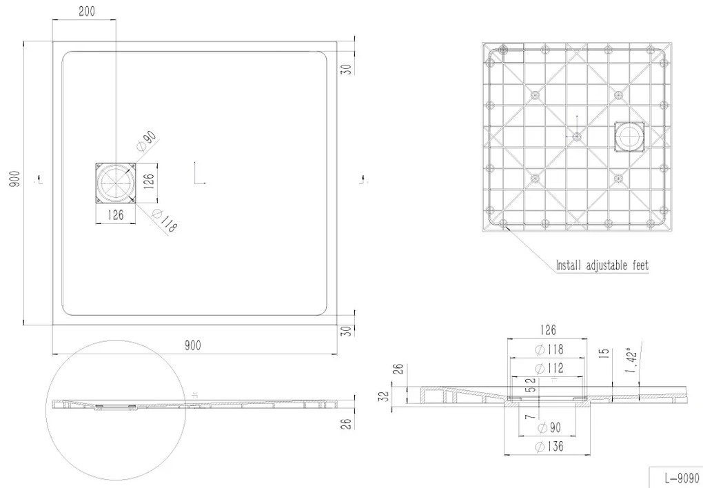 Erga Hyper, SMC sprchová vanička 90x90x2,6 cm + sifón, biela matná, ERG-V06-SMC-9090S-WH