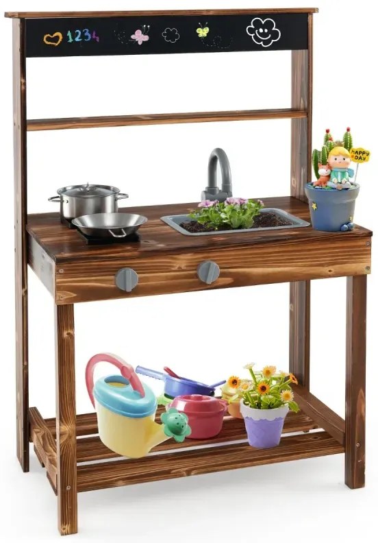 Detská kuchynka z jedľového dreva s otočným kohútikom, odnímateľným drezom a tabuľou