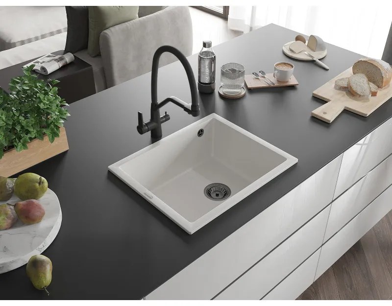 Mexen Pedro, granitový drez 560x460x200 mm, 1-komorový, biela s čiernym sifónom, 6508561000-20-B