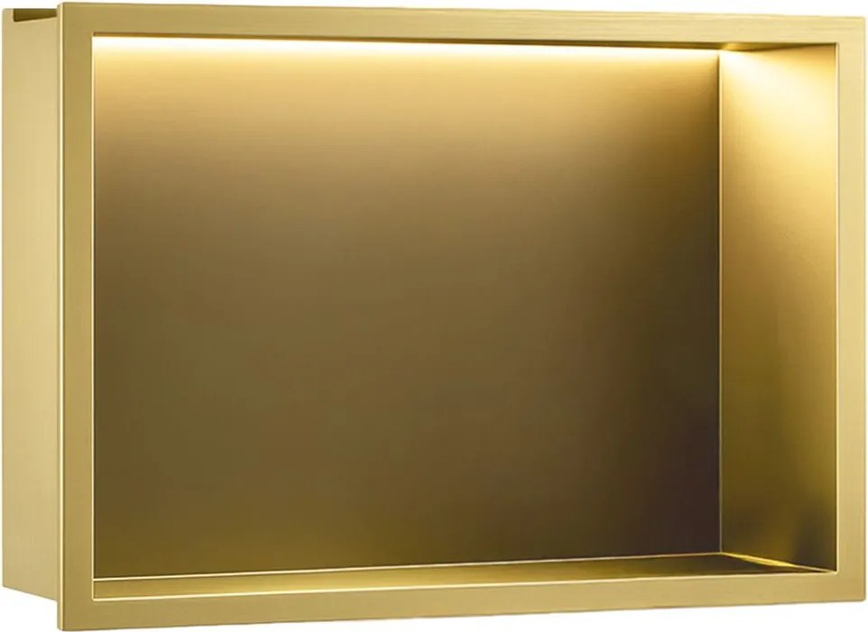 Rea Vstavaná kúpeľňová polica s LED osvetlením 45x30 cm, kartáčovaná zlatá