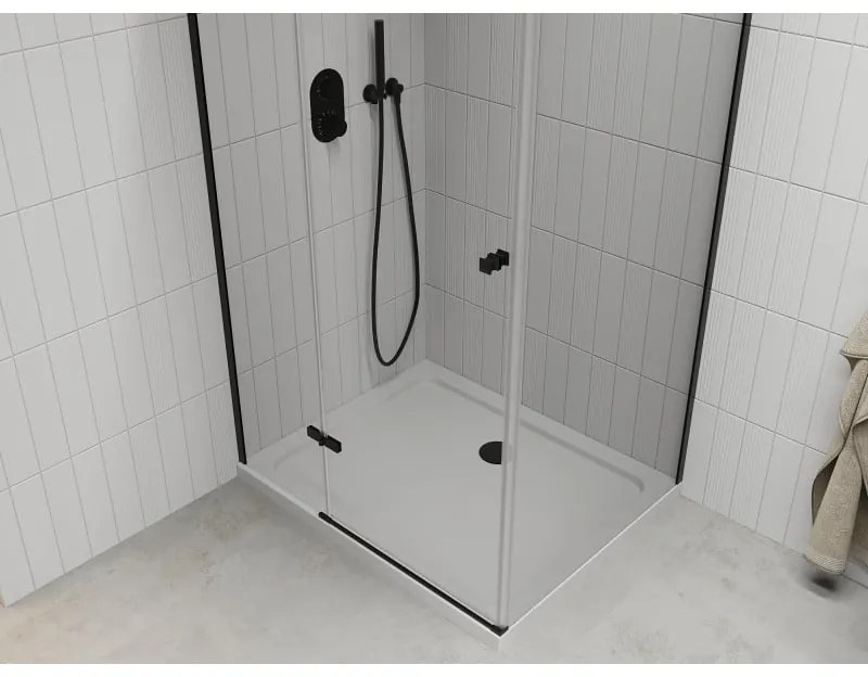 Mexen Roma, sprchovací kút s 1-krídlovými dverami 110 (dvere) x 80 (stena) cm, 6mm číre sklo, čierny profil, slim sprchová vanička 5cm biela s čiernym sifónom, 854-110-080-70-00-4010B
