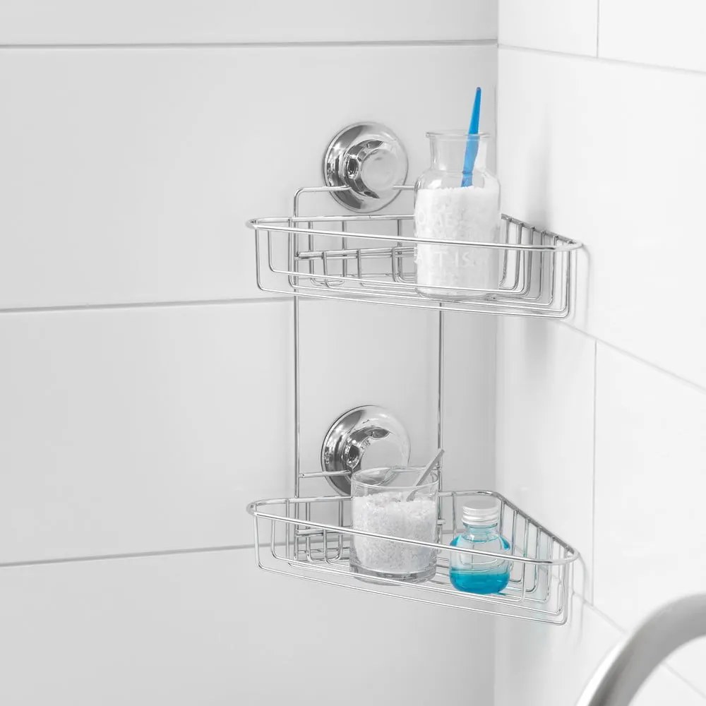 Rohová samodržiaca kovová kúpeľňová polička v striebornej farbe Bestlock Bath – Compactor