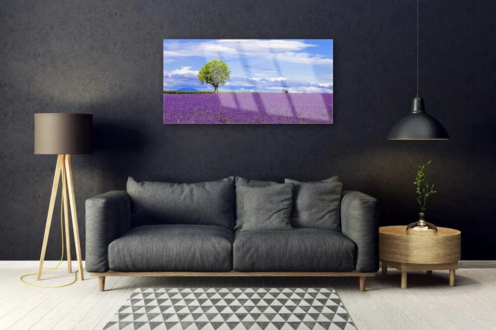 Skleneny obraz Pole levanduľa strom príroda 140x70 cm