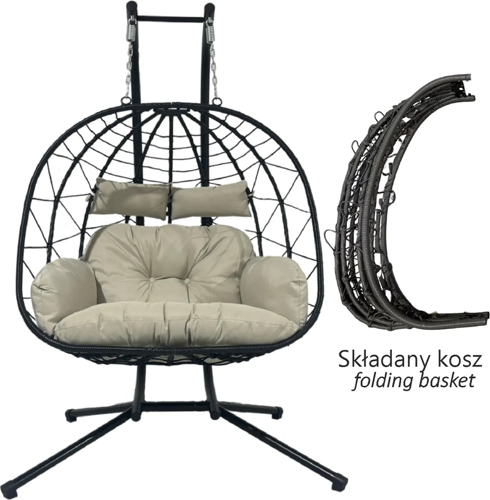 CH LUVO ČIERNA DVOJITÁ SKLADACIA ZÁVESNÁ STOLIČKA, VANKÚŠ – SVETLOŠEDÁ, RÁM – ČIERNY