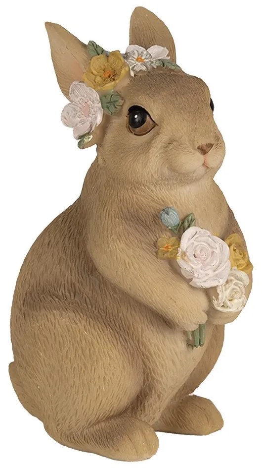 Dekorácia hnedý veľkonočný zajačik s kvetmi - 9*7*14 cm