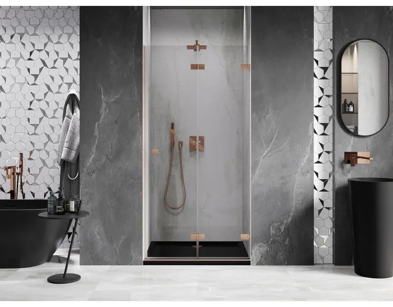 Mexen Lunar-F, pravé skladacie sprchové dvere 95 cm, 8mm číre sklo, medený matný profil, 836-095-000-65-00-P