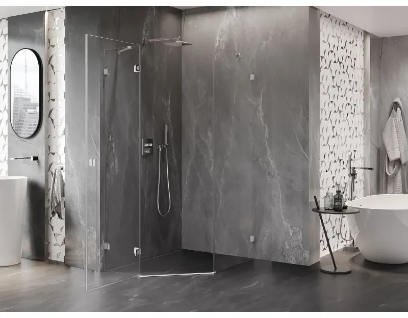 Mexen Lunar, päťuholníkový sprchový kút naklápací doľava 80 x 90 cm, 8mm číre sklo, chrómový profil, 831-080L-090P-01-00-L