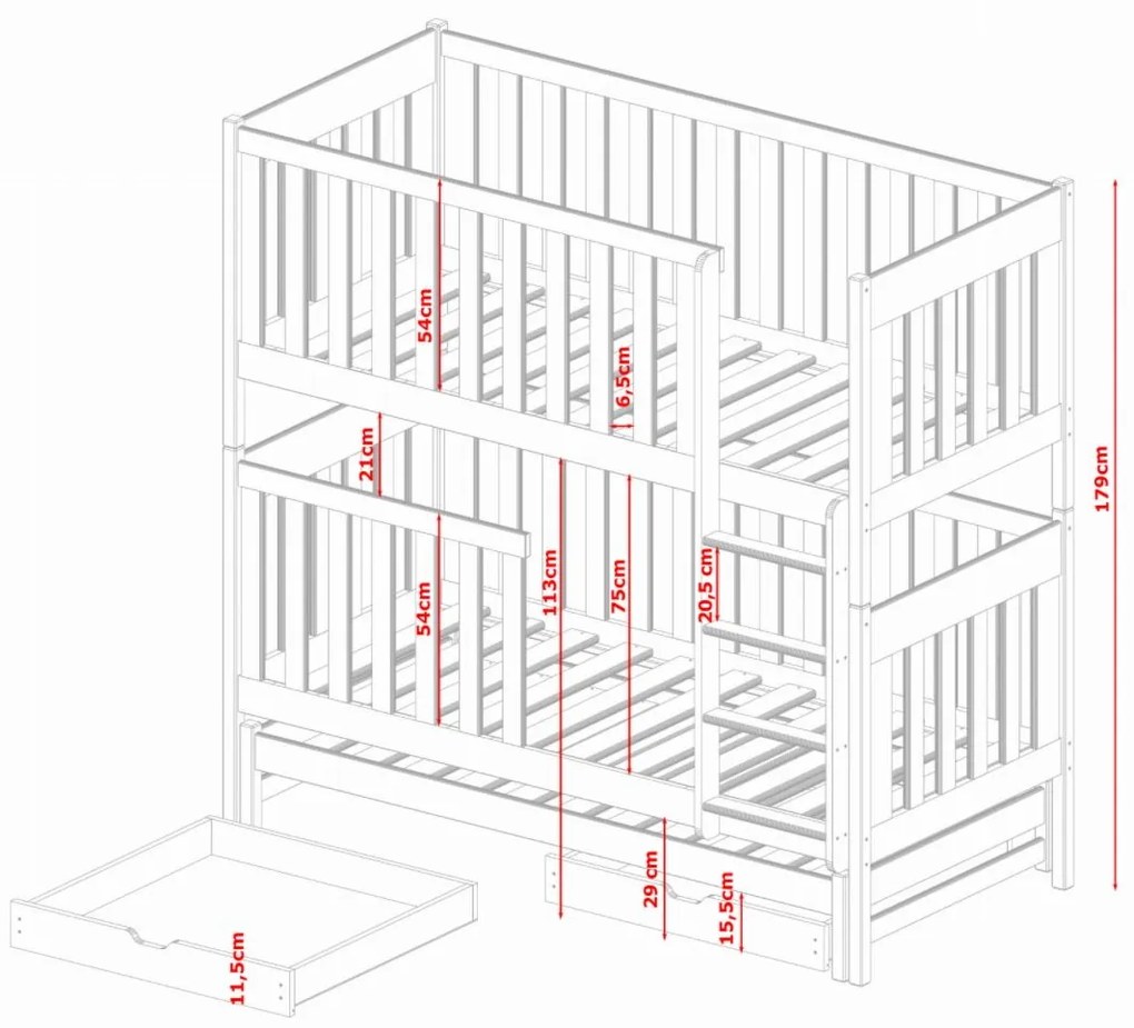 Detská poschodová posteľ z masívu EMIL s prístelkou a šuplíky - 200x90 cm - biela