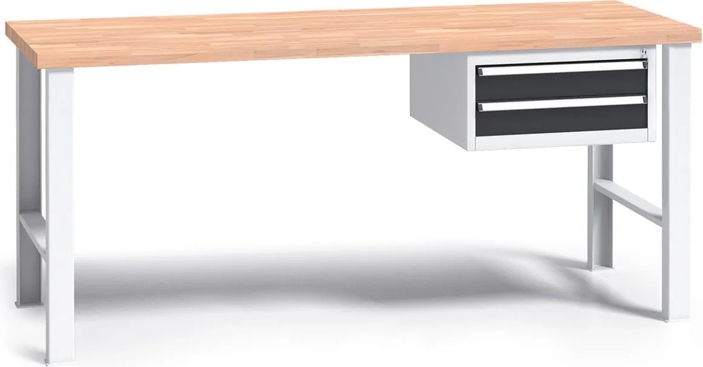 Pracovný stôl do dielne G3 so závesným boxom na náradie, buková škárovka, 2 zásuvky, pevné kovové nohy, 1700 mm, grafit