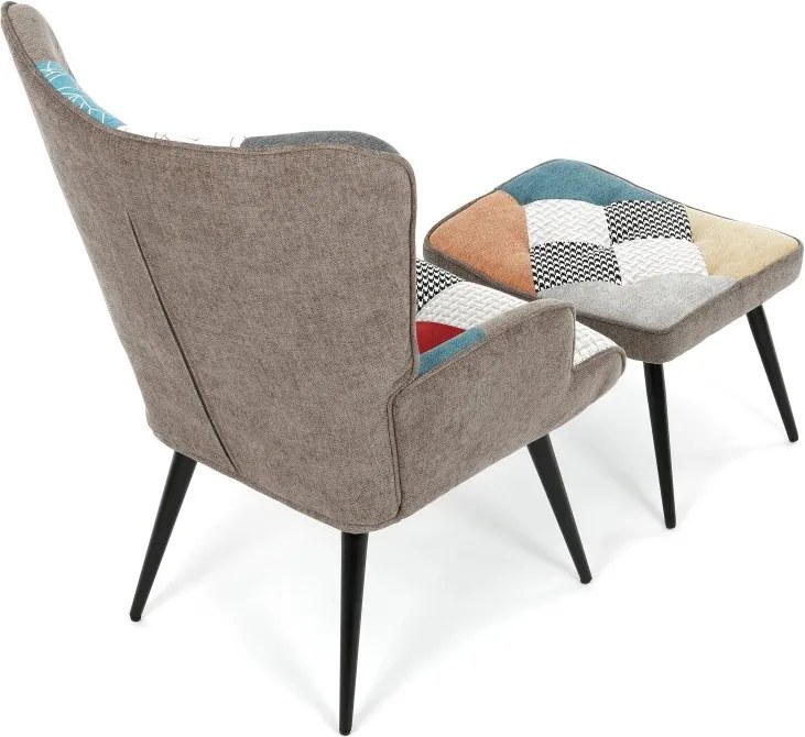 Relaxačné kreslo ušiak s taburetom ROYAL II — kov, vodeodolná látka, patchwork