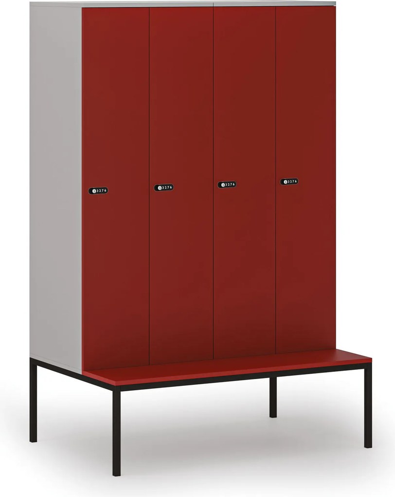 Drevená šatníková skrinka S4 s lavičkou, 4 oddiely, 1871 x 1200 x 500/800 mm, demont, mechanický kódový zámok, sivá / červená