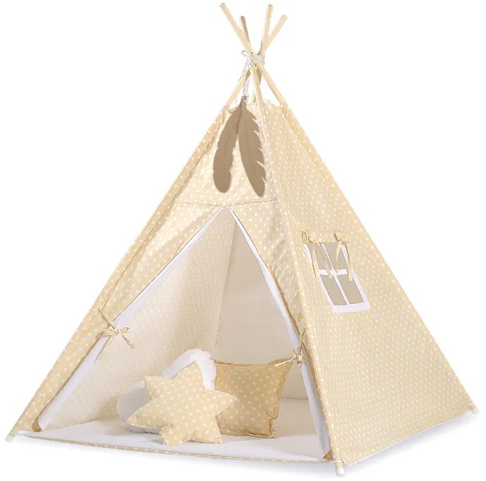 Bobono Stan Teepee pre deti + hracia podložka + vankúše + ozdobné perie - Biele bodky na béžovej farbe