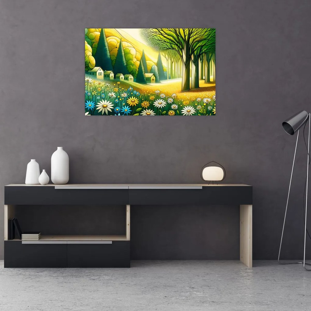 Obraz - Dedina v žlto-zelenej (90x60 cm)