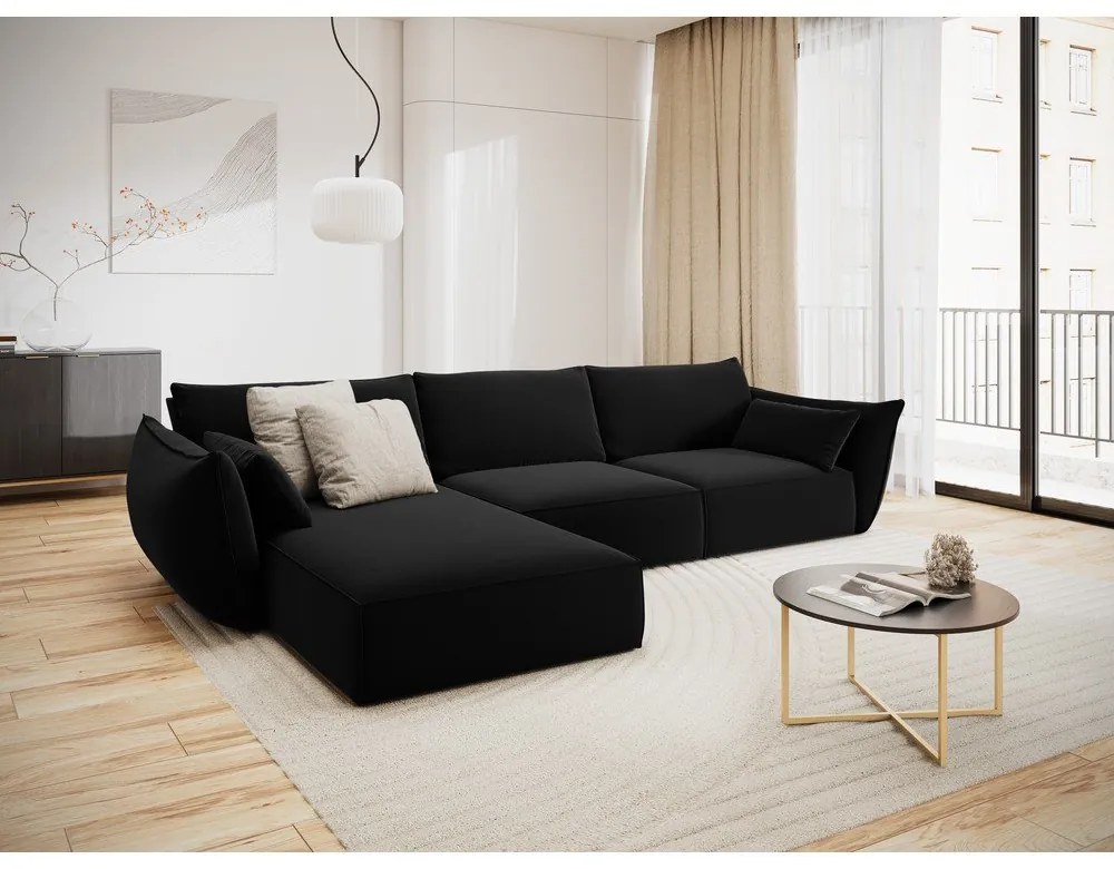 Čierna zamatová rohová pohovka (ľavý roh/s leňoškou) Vanda – Mazzini Sofas