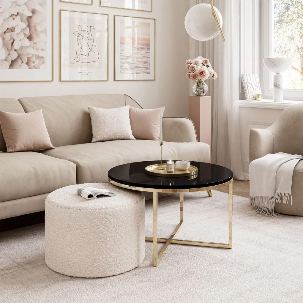 KONFERENČNÝ STOLÍK LEONARDO X ČIERNY LESK + ZLATÝ + TABURET BÉŽOVÝ