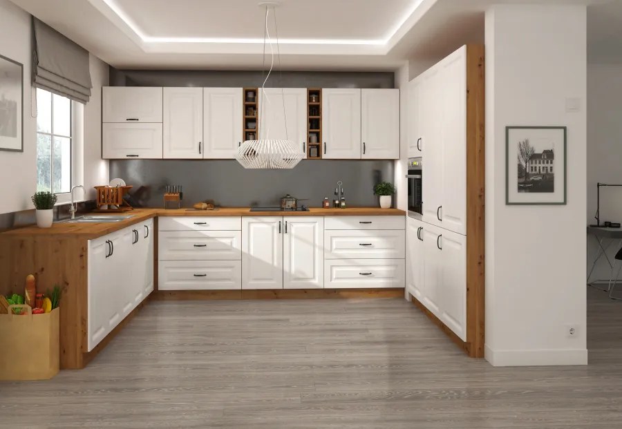 Moderní kuchyňská linka bílá 250 x 240 x 180 cm PROVENCE bílá/dub artisan