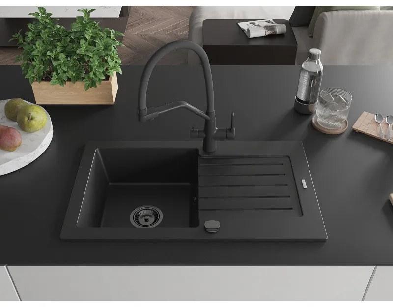 Mexen Pablo, granitový drez 752x436x161 mm, 1-komorový a drezová batéria Duo, čierna, 6510-77-671701-70-B
