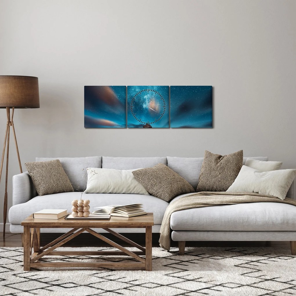 Obraz modrej mliečnej cesty (s hodinami) (90x30 cm)