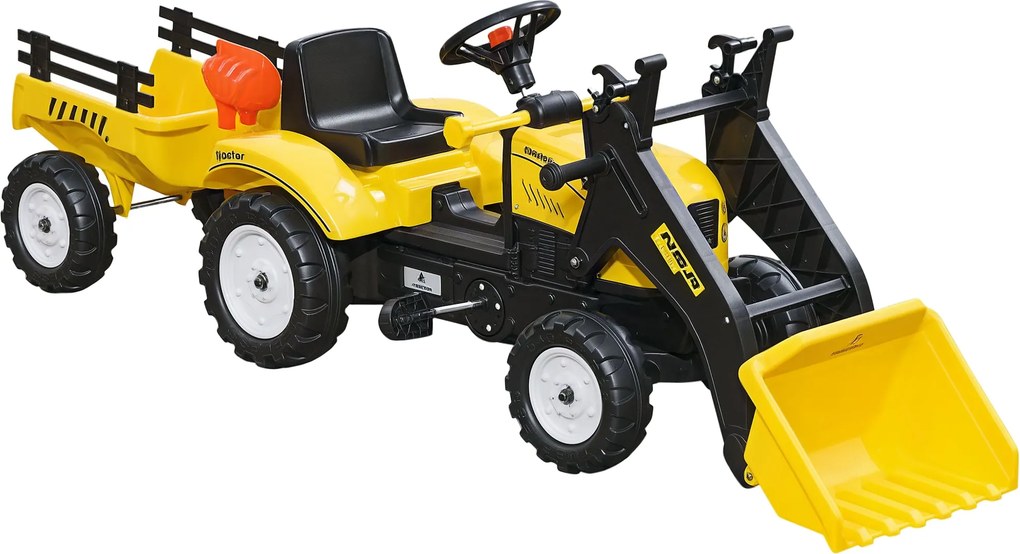 HOMCOM Pedálový traktor s prívesom a nastaviteľným nakladačom pre deti od 3 rokov, žltý | Aosom
