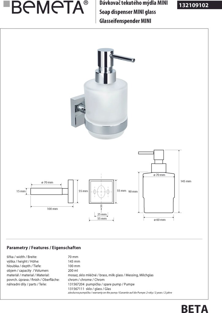 Bemeta Design BETA: Dávkovač mydla, 200 ml - 132109102