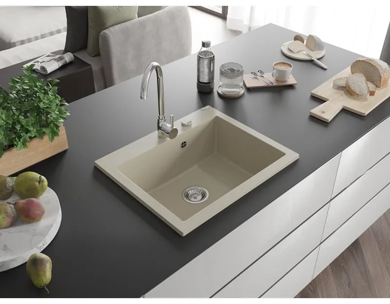 Mexen Elix, 1-korový granitový drez 600 x 500 mm, béžová, chrómový sifón, 6525601005-69