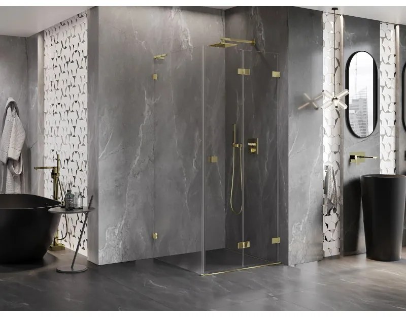 Mexen Lunar-F L, sklápací sprchový kút pravý 80 x 80 cm, 8mm číre sklo, zlatý profil, 836L-080-080-50-00-P