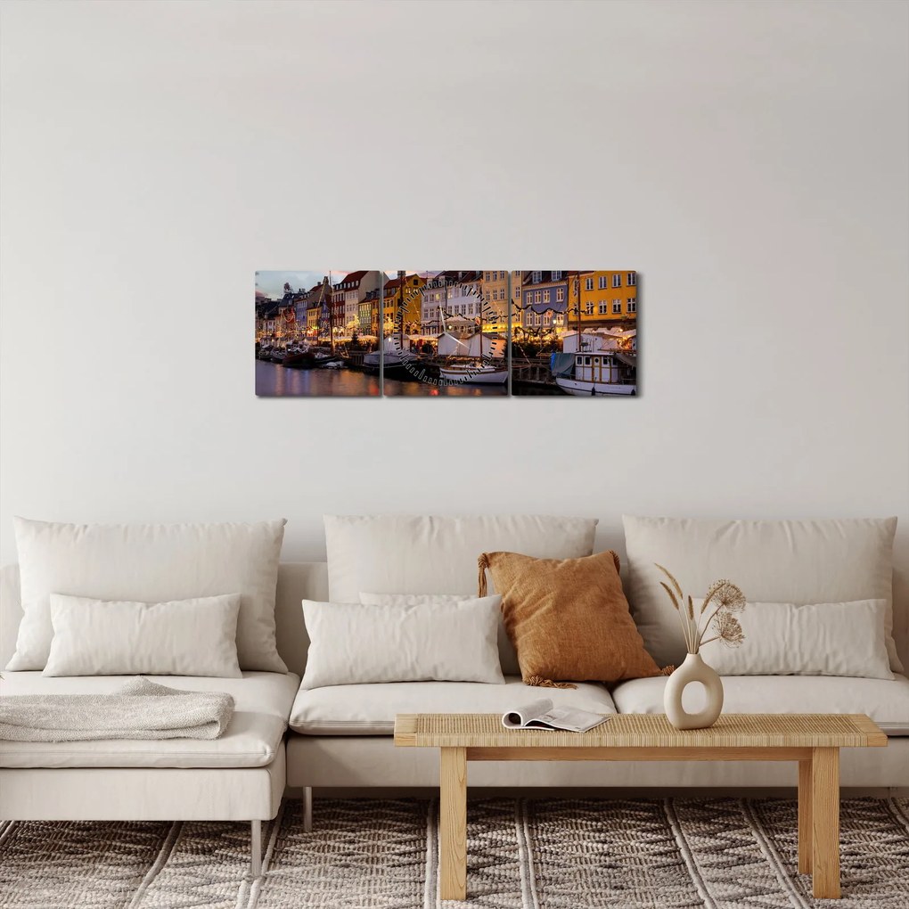 Obraz - Nyhavn, Kodaň (s hodinami) (90x30 cm)