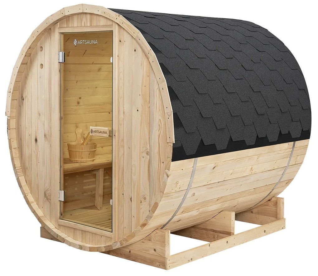 Juskys Vonkajšia sudová sauna Spitzbergen L dĺžka 180 cm priemer 180 cm (6 kW)