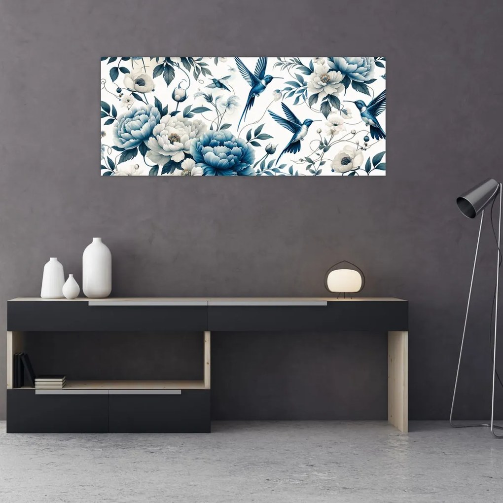 Obraz - Kolibríky s kvetmi (120x50 cm)