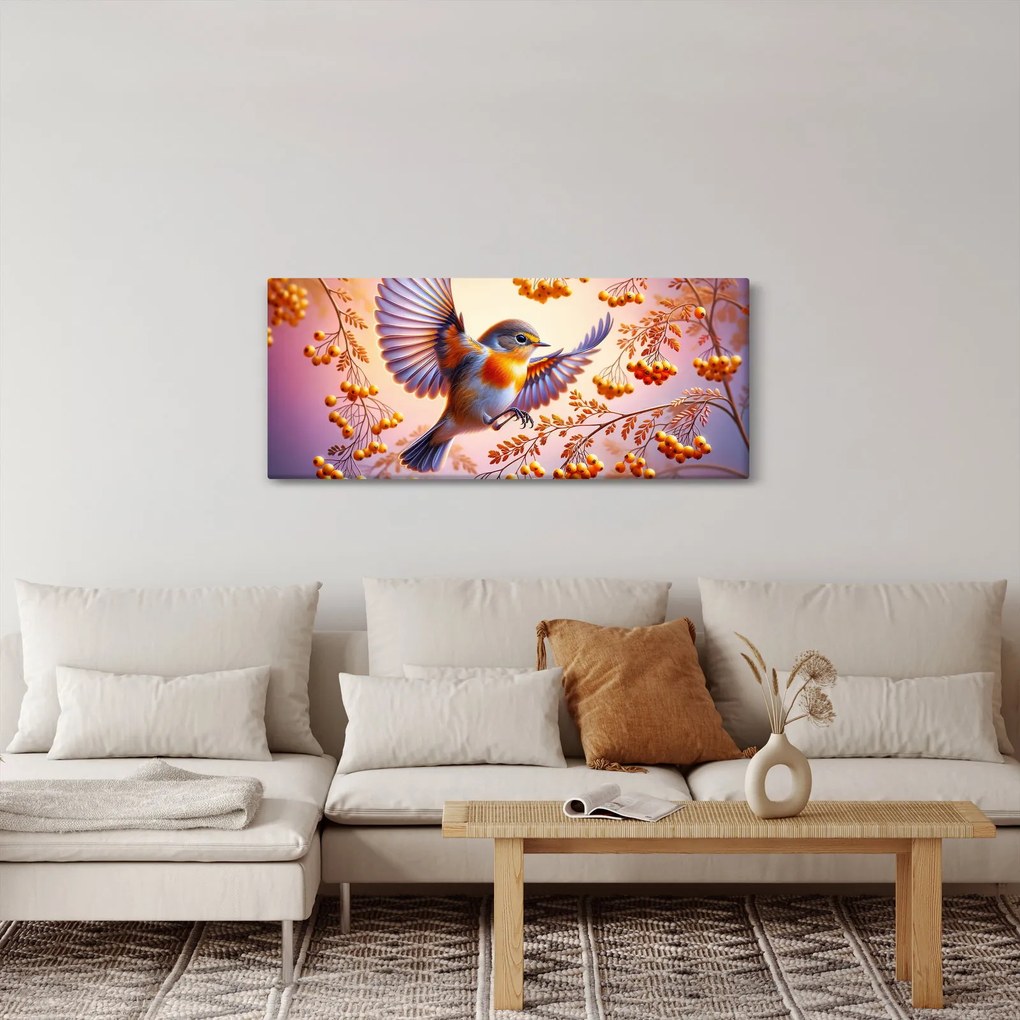 Obraz - Vták s jarabinou (120x50 cm)