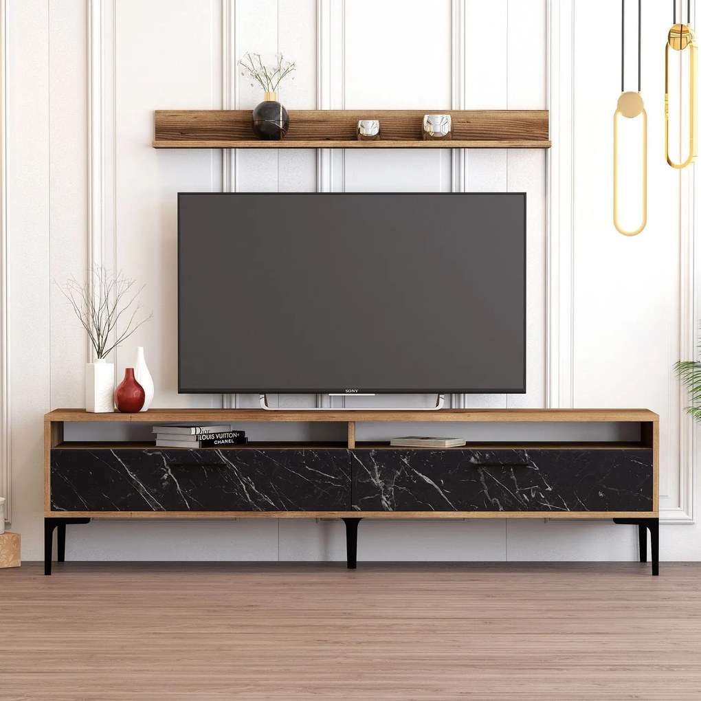 TV skrinka Istanbul - Walnut, Black Marble