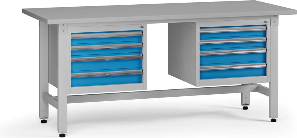 Výškovo nastaviteľný dielenský stôl G5, 1800 x 750 x 800-1000 mm, 2x kontajner, 8 zásuviek, modrá