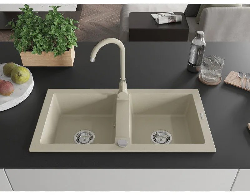 Mexen Mario, 2-komorový granitový drez 82x44 cm s kuchynskou batériou Telma, béžová, 6504-69-670200-69