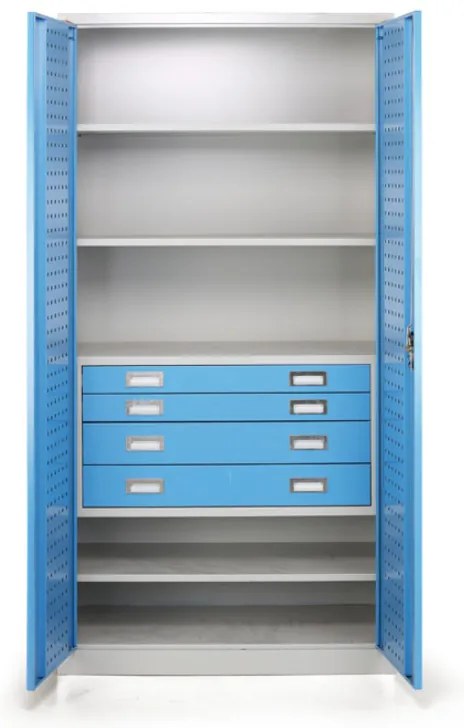 Dielenská zásuvková skriňa na náradie, 3 police, 4 zásuvky, perforované dvere, 920 x 500 x 1850 mm